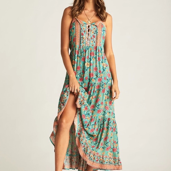 Floral print cami boho gypsy maxi dress - MINT - Picture 2 of 5